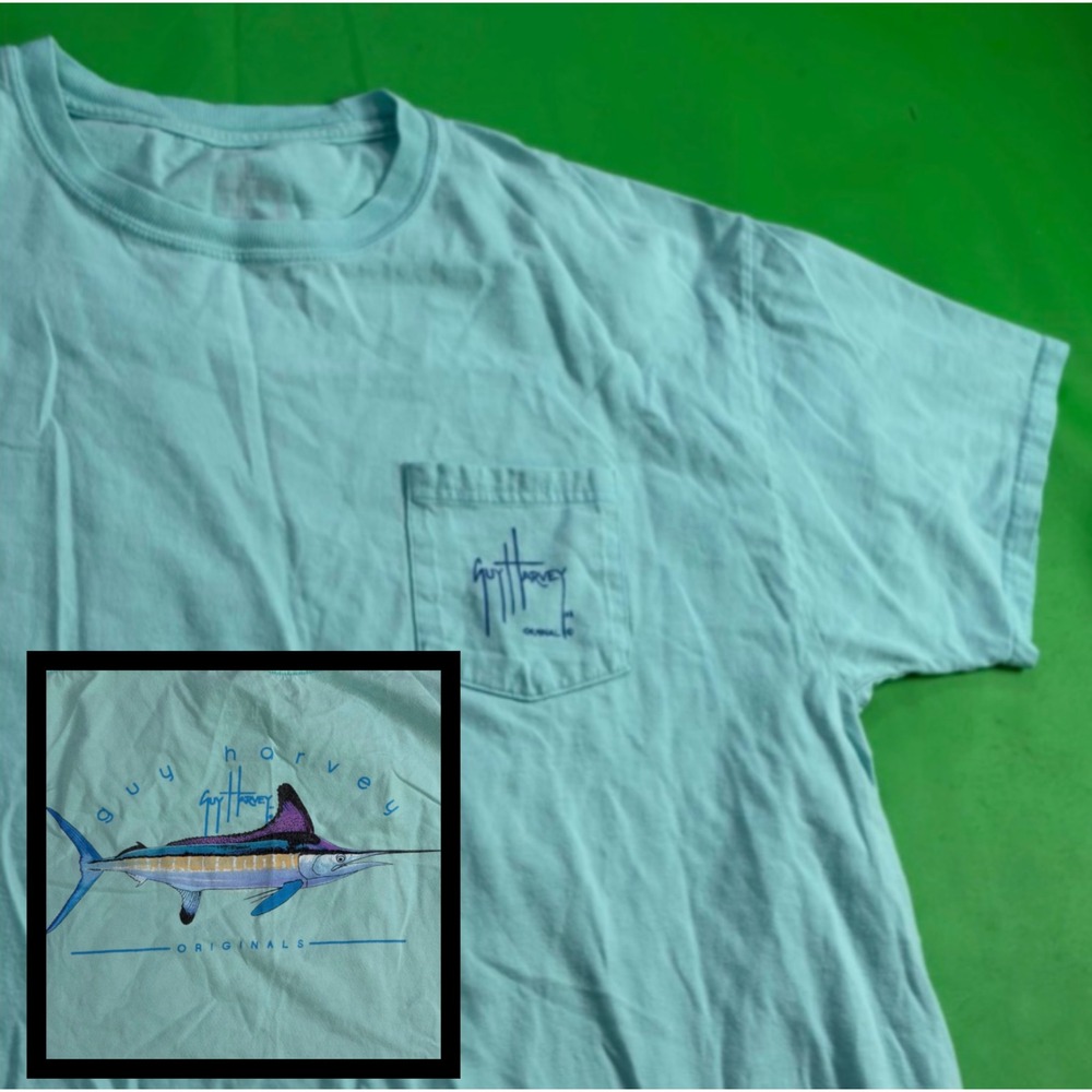 Guy Harvey Marlin Pocket T-Shirt Mens XL Blue Fishing Graphic Double-sided Tee
